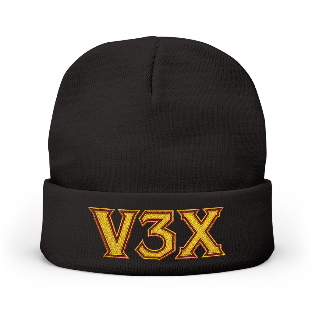 Embroidered V3X Knit Beanie – Gold Patch Winter Hat