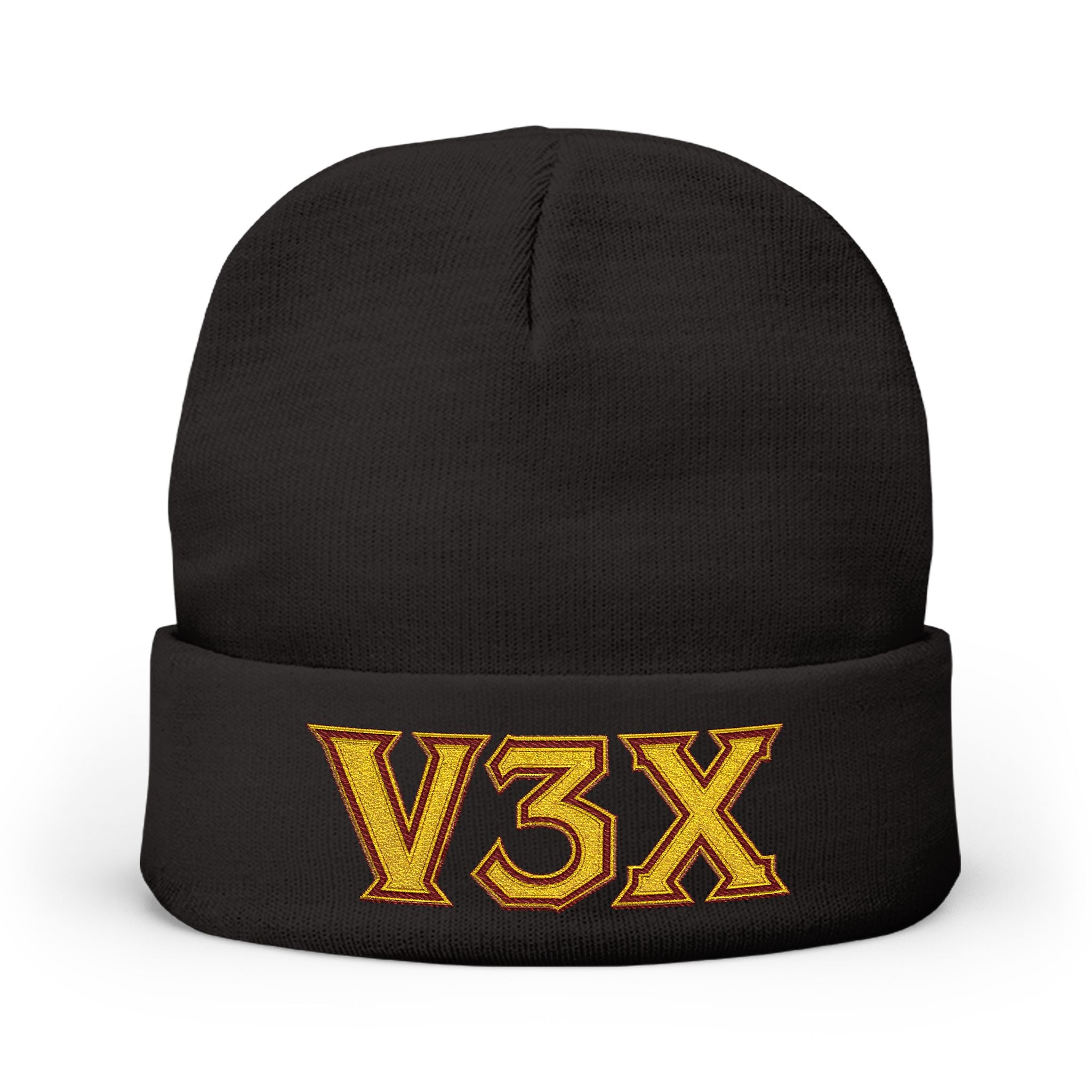 Embroidered V3X Knit Beanie – Gold Patch Winter Hat