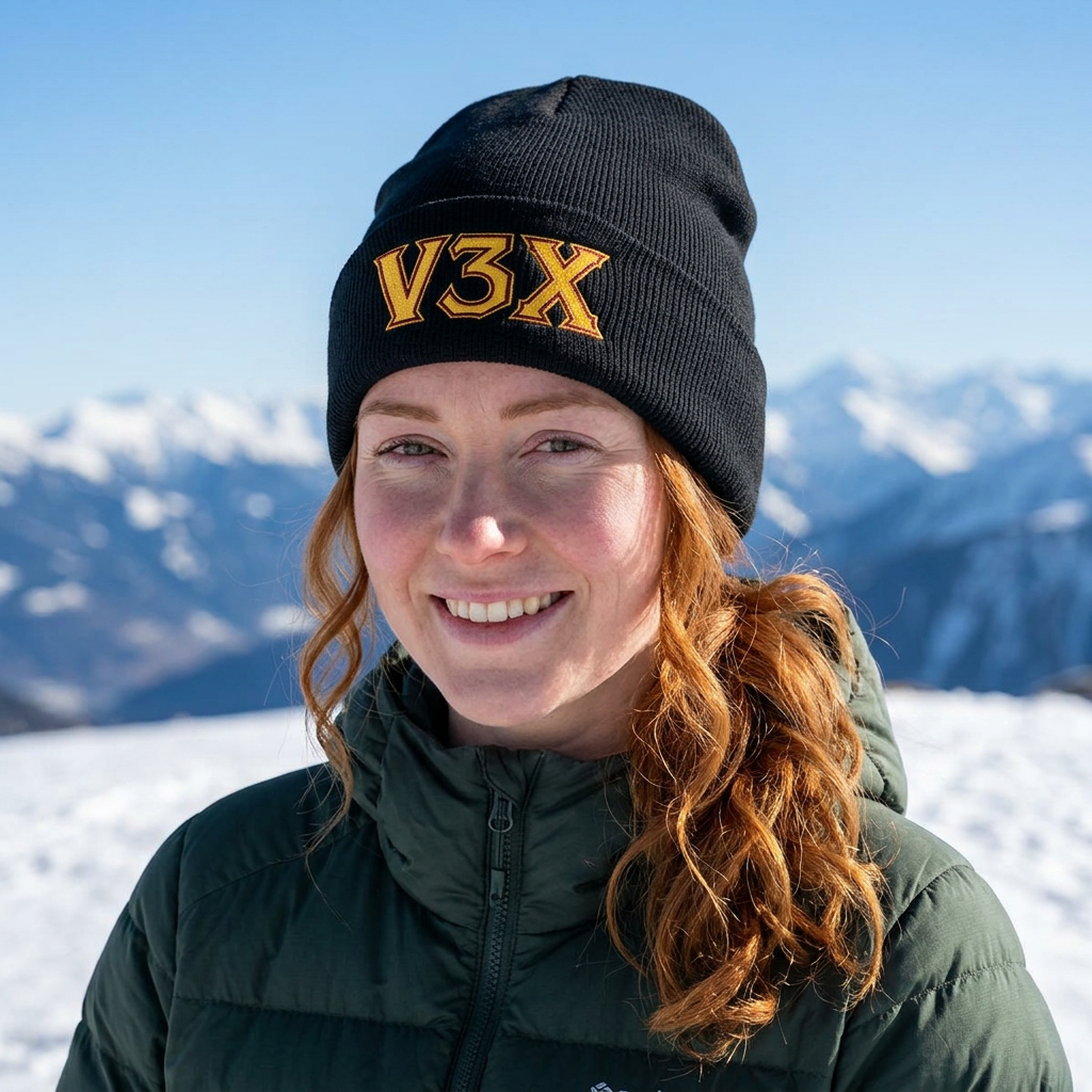 Embroidered V3X Knit Beanie – Gold Patch Winter Hat