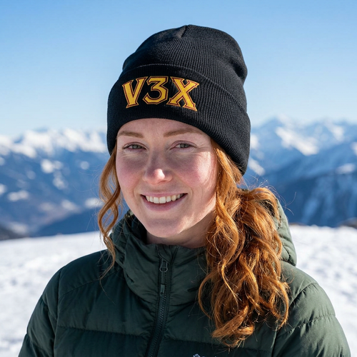 Embroidered V3X Knit Beanie – Gold Patch Winter Hat