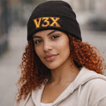 Embroidered V3X Knit Beanie – Gold Patch Winter Hat