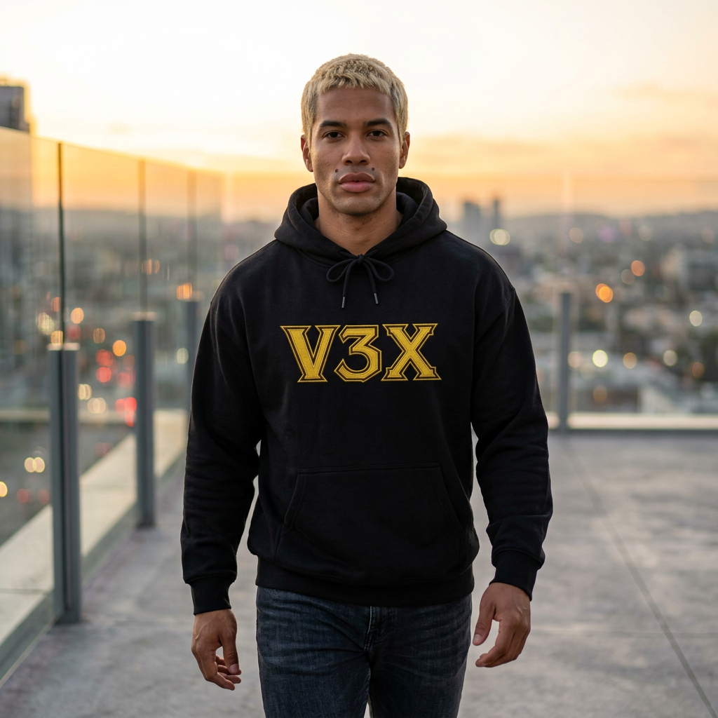 V3X Gold Lettering Hoodie — Minimal Retro Logo Pullover